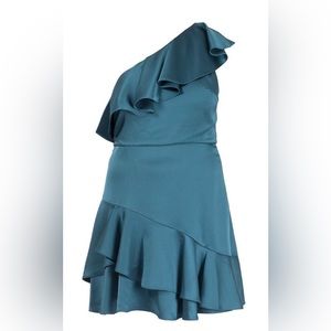 Halston Heritage One Shoulder Teal Ruffle Cocktail Dress. Size 6